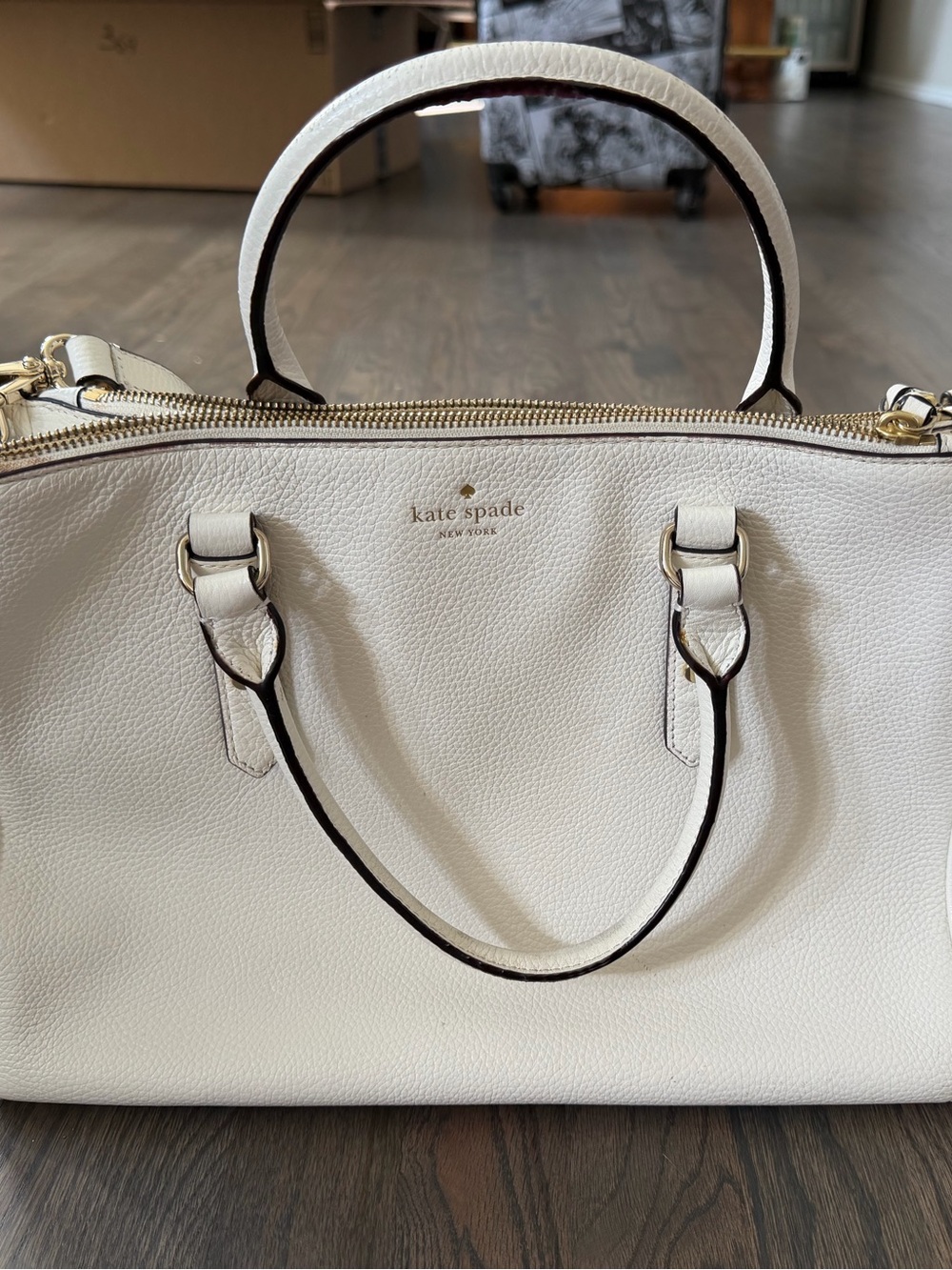 kate spade White Pebbled Leather Satchel with Gold Hardware